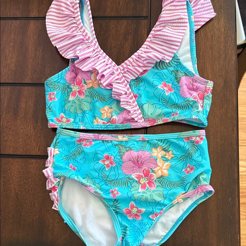 Girls' Turquoise Floral Ruffle Butts Two-Piece Swimsuit - Kids Swim 7
